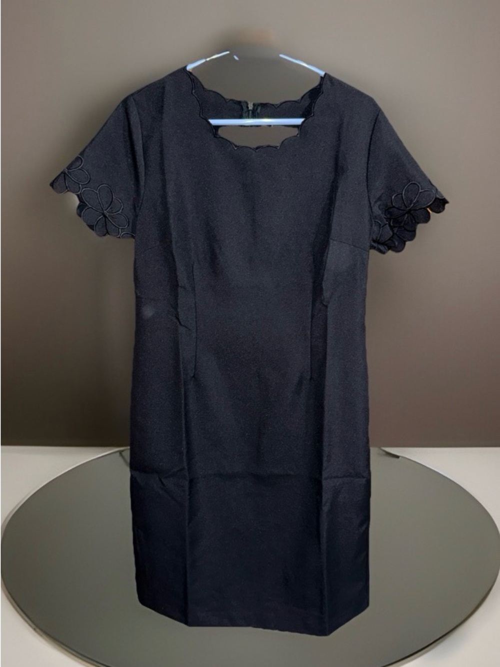 Vtg Anthony Richards Petite Black Scalloped Floral Sleeve Sheath Dress-12P-GC